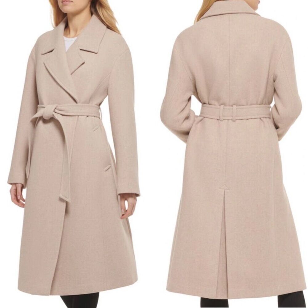 Cole Haan Oversize Belted Basket Weave Wool Wrap Peacoat Oatmeal Women's 10 NWT